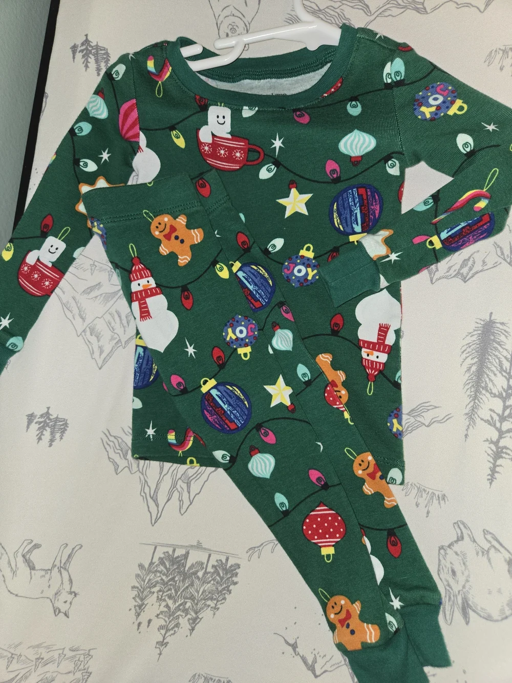 Kids Holiday Pajama Set - Green Ornament & Gingerbread Print